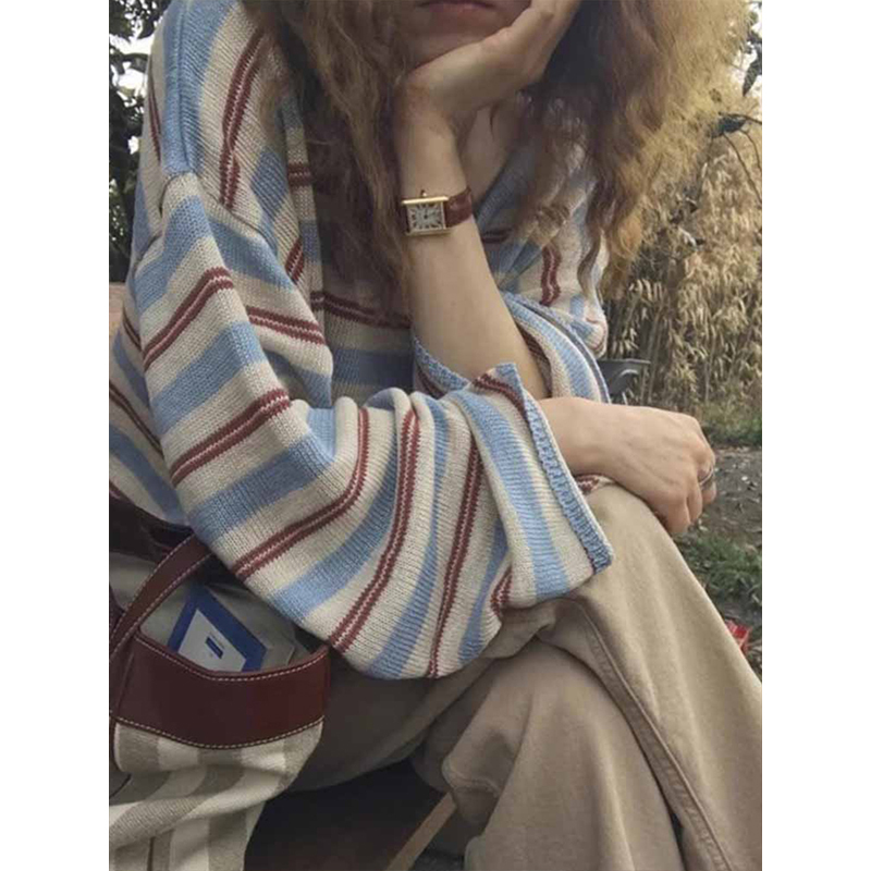 Korean-Style Blue Striped Long-Sleeved Knit Top for Women, Spring Outerwear, Loose Fit, Slimming T-Shirt, Thin Color-Blocked Top