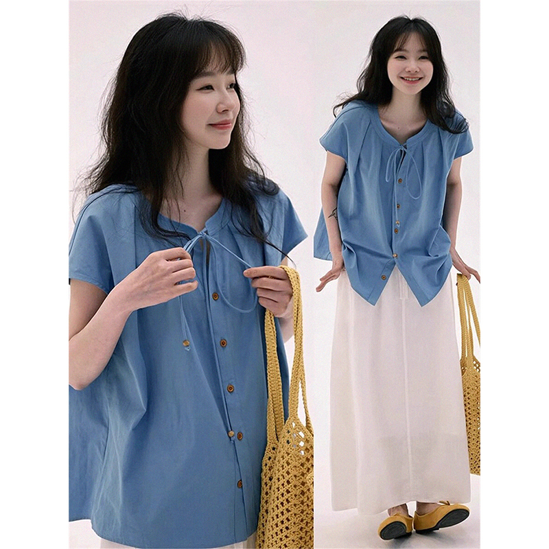 Korean Style Blue Lace-Up Linen Short-Sleeved Shirt for Women, Summer Design, Loose Babydoll Shirt, Thin Blouse Top