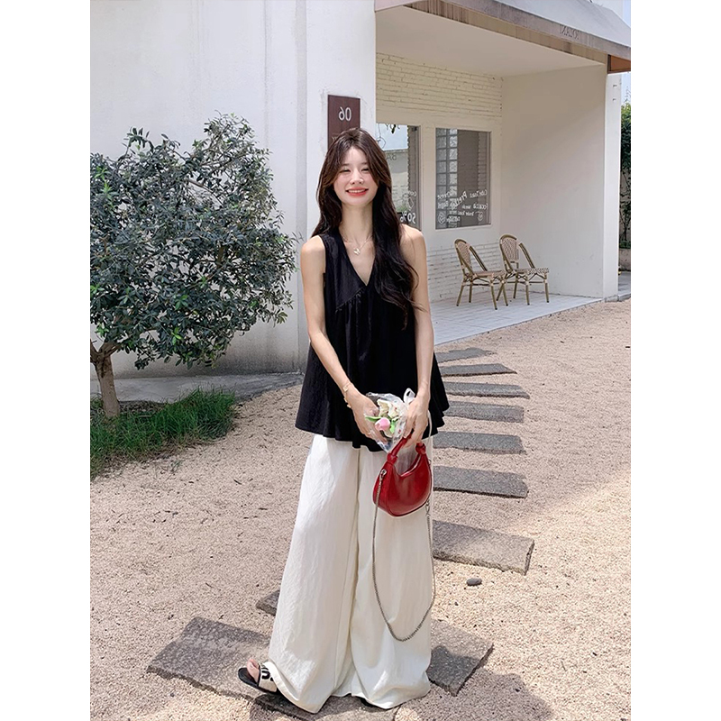 French Black V-Neck Babydoll Shirt Linen Sleeveless Shirt Women's Summer Loose Short Vest Shirt Cotton and Linen Top