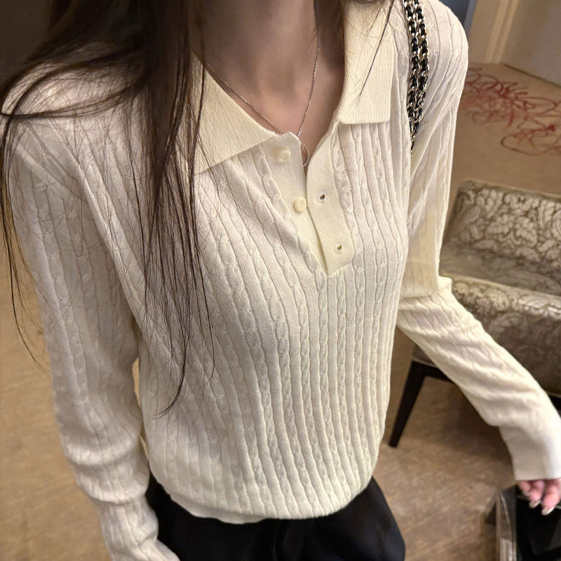 Korean-Style White Cable-Knit Polo Collar Pullover Sweater for Women, Autumn and Winter Inner Wear, High-End Slim-Fit Short Base Layer Top