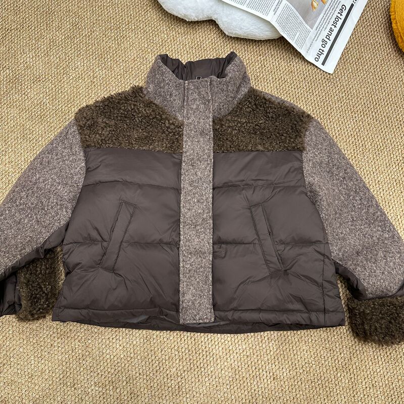 2025 Winter Stand-Collar Warm Korean-Style Lamb Wool Spliced down Jacket for Women, High-End Trendy Versatile Short Coat