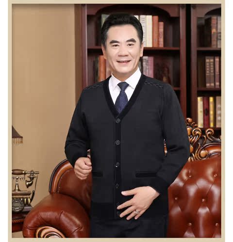 Áo len trung niên nam dày áo len len cổ chữ V nam cổ béo chất béo tải cũ áo khoác thể thao nam