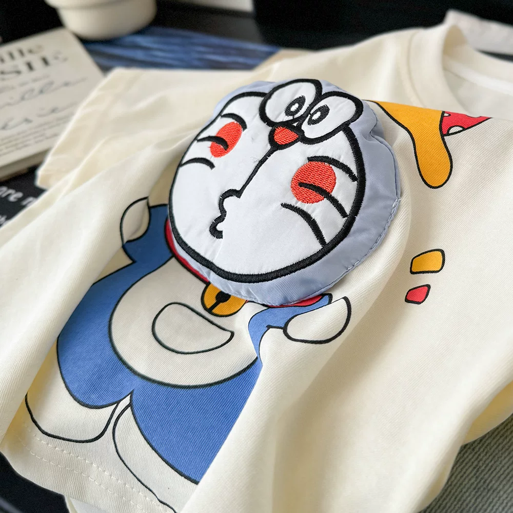Cotton three dimensional cute T-shirt for boys and girls, family style, Doraemon, with short sleeve