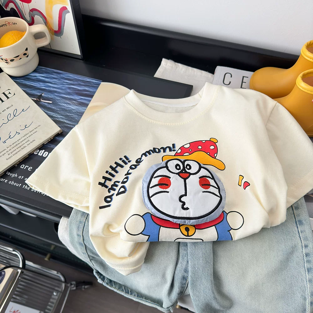 Cotton three dimensional cute T-shirt for boys and girls, family style, Doraemon, with short sleeve