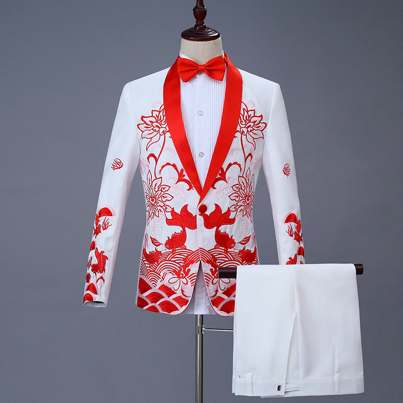 New men's green fruit collar choral performance Costume Presenter Stage Dress Dress White Embroidered Suit Suit
