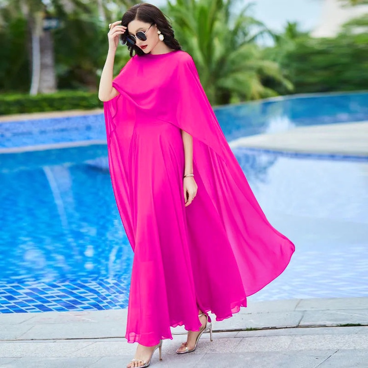 Long Skirt with Cape, Two-Piece Chiffon Dress, Sanya Vacation, Plus Size, Bohemian Sun Protection Beach Dress