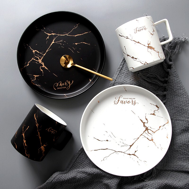 Trendy Bowl and Plate Set, Creative Black and White Tableware, ins Style Marble-Patterned Ceramic Rice Bowl for Home Use, 10inch Steak Plate Trendy Bowl and Plate Set, Creative Black and White Tableware, ins Style Marble-Patterned Ceramic Rice Bowl for Home Use, 10inch Steak Plate