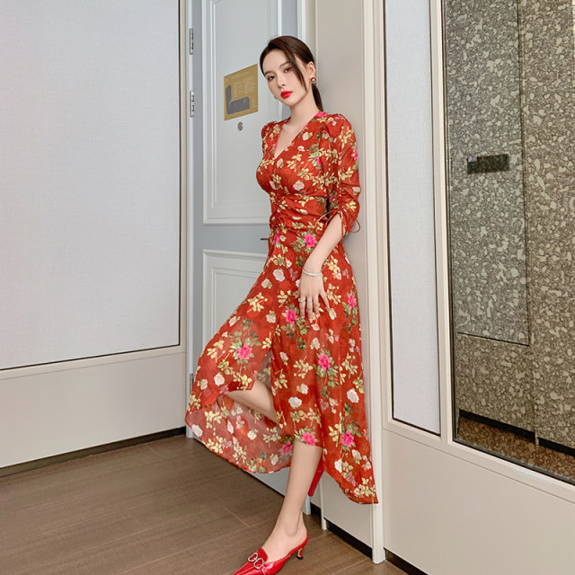 Small floral chic design dress age-reducing western-style lady mid-length irregular design niche summer