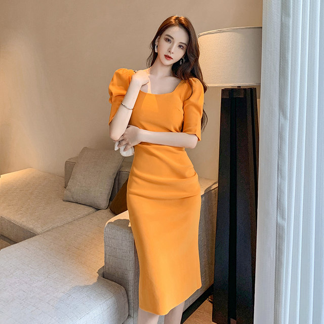Large size women's square neck puff sleeves French slim bag hip spring and summer new temperament slimming ladies waist dress
