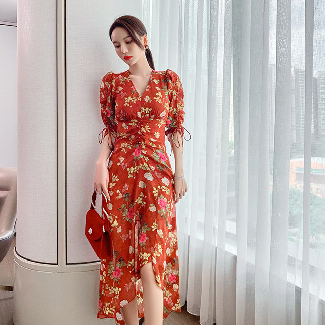 Small floral chic design dress age-reducing western-style lady mid-length irregular design niche summer