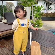 2022 Spring Autumn Male Girl Baby Cotton Fabric Yellow Back Strap Pants New Korean Version Pants With Children Neutral Pendant With Pants