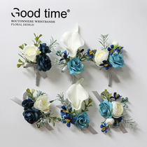 Corsage wrist flower Blue and white rose Calla simulation flower Forest department bride and groom lapel flower wedding photography props
