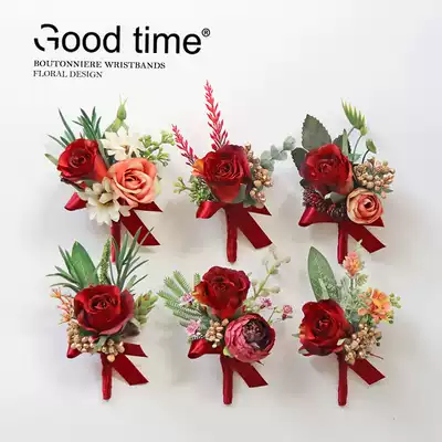 Corsage Wrist flower Bride and groom pin bouquet Best man bridesmaid sister flower wedding photography small peony red rose