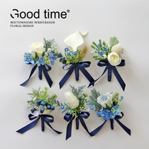 Army blue corsage wrist flower European bride sister hand flower simulation silk flower wedding JK photography celebration graduation ceremony