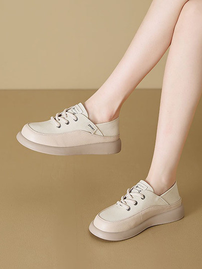 Genuine Leather Lace-Up Small Leather Shoes for Women 2026 Spring and Autum New Style British Style Casual Shoes Soft-Soled Loafers Flats Flats