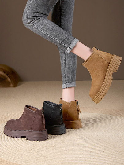 Thick-Soled Nubuck Leather Women's Shoes 2025 New Popular Fashion Versatile Genuine Leather Riding Boots Autumn and Winter Cow Suede Short Boots