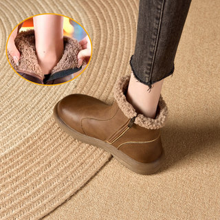 Women's Snow Boots 2025 New Genuine Leather Flat-Soled Leather Shoes Winter Short Boots Women's Shoes with Fleece and Thickened Martin Boots