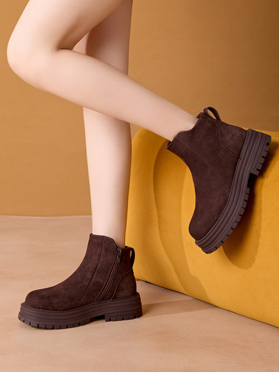 Matte Leather Martin Boots for Women, Genuine Leather, 2025 New Autumn and Winter Suede and Velvet Leather Popular Style, Height-Increasing Thick-Soled Short Boots