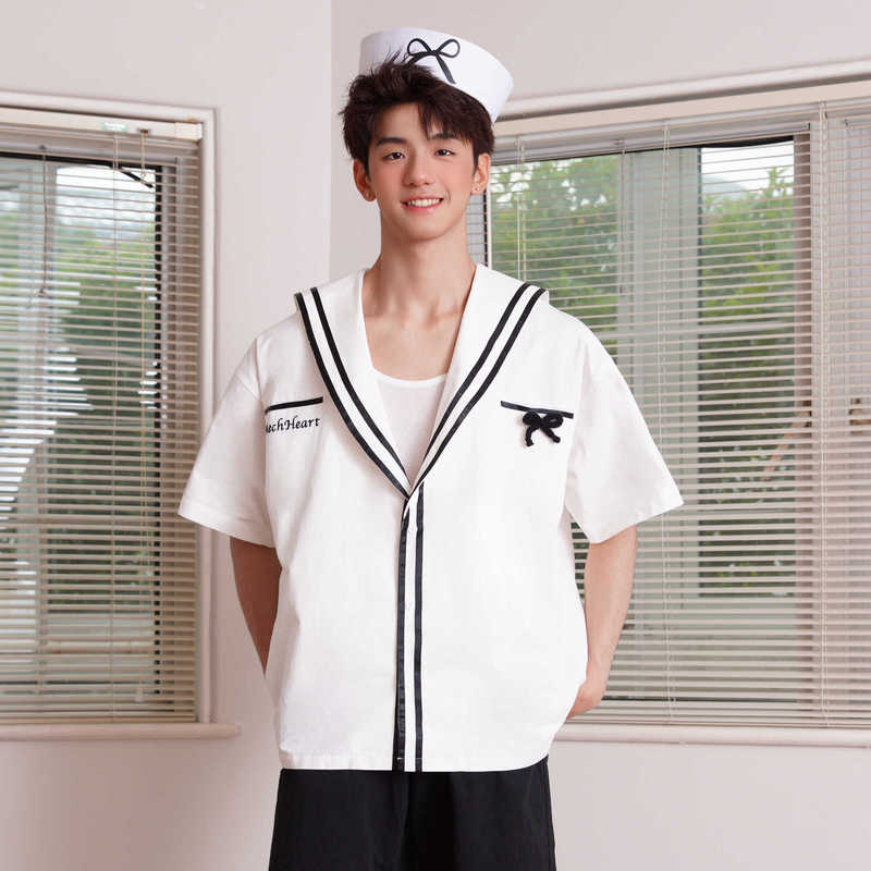Mechheart Structure Navy Collar Short-Sleeved Logo Embroidered Bow French Retro Loose Cotton Men's Shirt Mechheart Structure Navy Collar Short-Sleeved Logo Embroidered Bow French Retro Loose Cotton Men's Shirt
