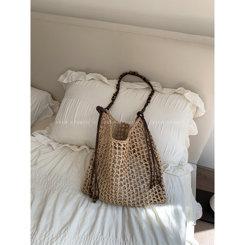 Deer LAOSHU Niche Design Mesh Bag, Hollow Woven Tote Bag, Shoulder Crossbody Bag, Large Capacity Beach Bag