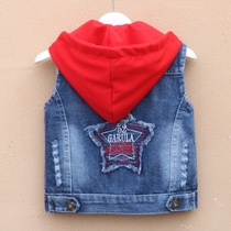 Spring and Autumn New Childrens Denim Vest Boys Vest Girls Vest Baby Hooded Vest Childrens Wear Cartoon Versatile