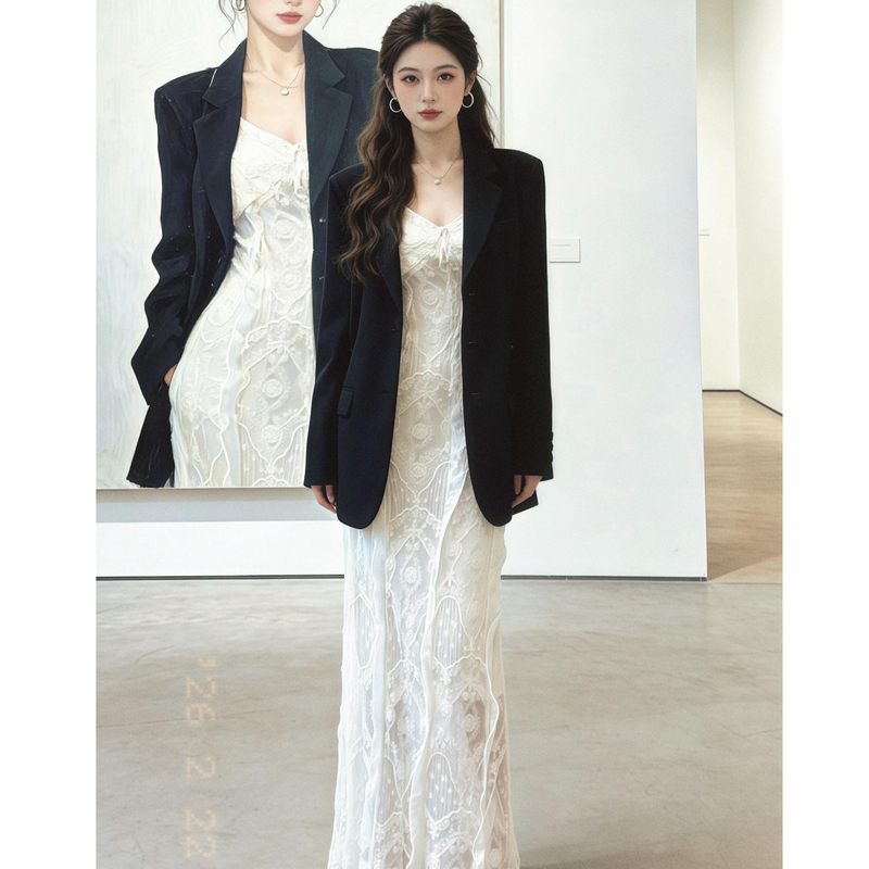 Designed Silhouette Blazer Jacket for Women, Korean Style Outfit, Spring Gentle Temperament, Long Dress, Fashionable Two-Piece Set