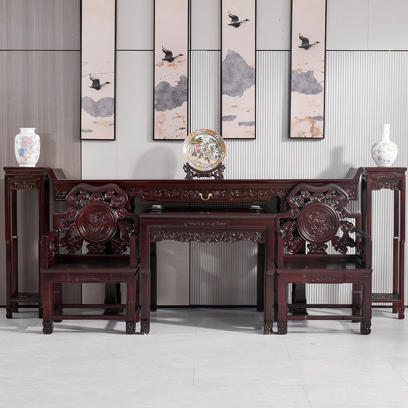 New Chinese-style Zhongtang six-piece set all solid wood strip case Eight Immortals table for table rural hall living room furniture pineapple lattice wood