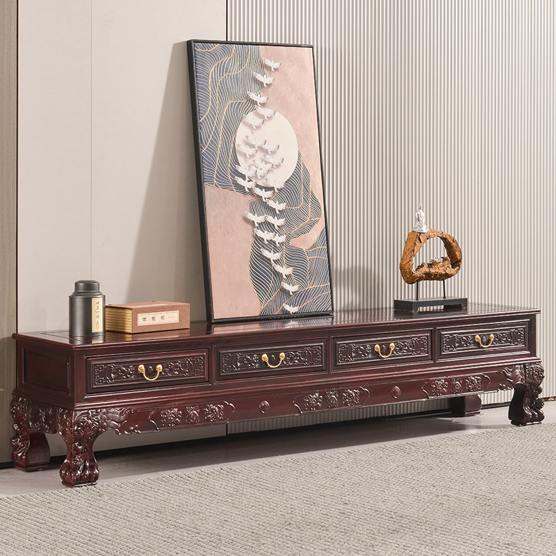 Ming and Qing Antique TV Cabinet African Pineapple Pattern Chinese Solid Wood Living Room TV Cabinet Low Cabinet Carved Storage Floor Cabinet