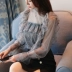 Mùa thu siêu cổ tích Starry Chiffon Áo sơ mi nữ dài tay Sexy phối cảnh lưới chạm đáy áo thời trang Quần áo ren áo sơ mi nữ hàn quốc Áo sơ mi chiffon ren