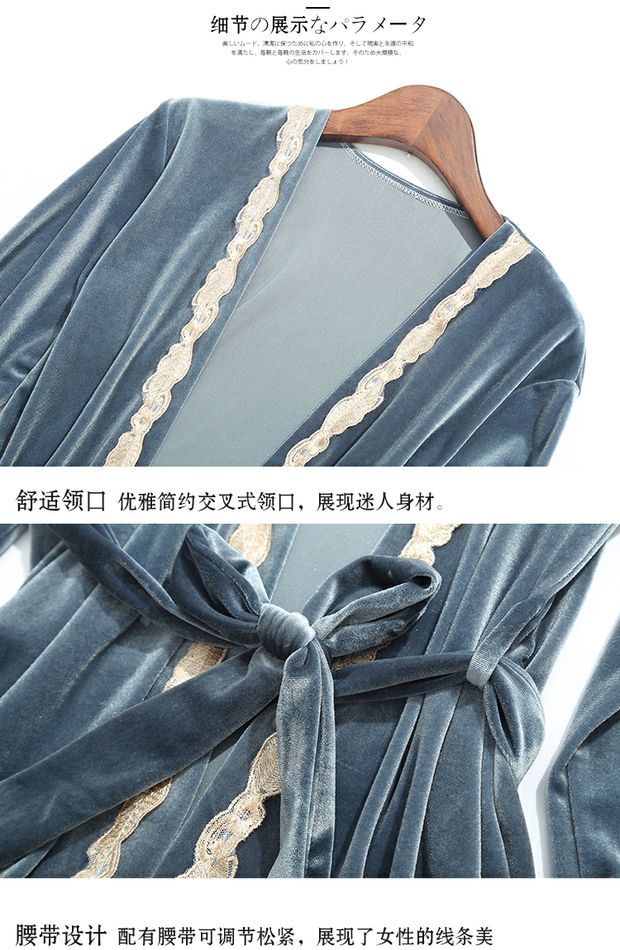Bộ đồ ngủ bằng nhung vàng mới của phụ nữ áo ngủ ren ba mảnh mùa thu và mùa đông dài tay bên ngoài mặc dịch vụ mặc nhà bộ mặc nhà