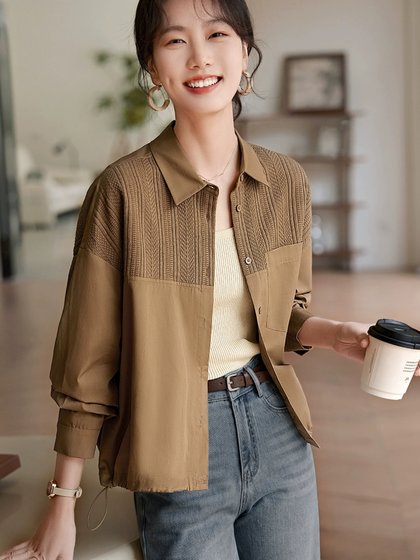 XWI欣未针织拼接抽绳轻薄衬衫外套女2025年春夏休闲简约通勤上衣