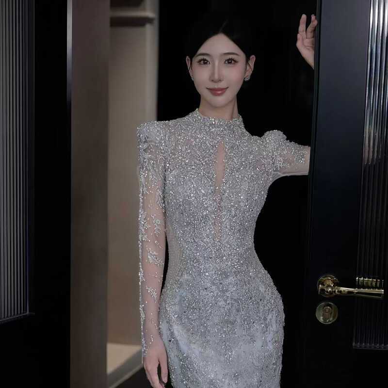 French-Style Fishtail Wedding Dress with Long Sleeves, Heavy Craftsmanship, Luxurious, Slim-Fitting, Suitable for Outdoor Photoshoots, Petite Women's Formal Dress, Toast Dress, Reception Dress