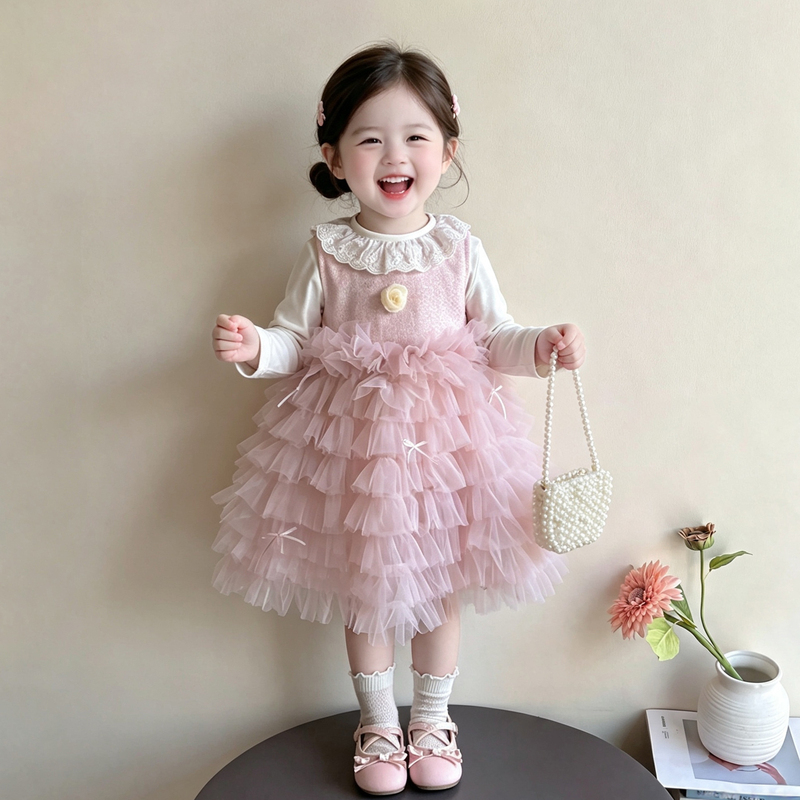 Girls' Dress Autumn Outfit 2026 New Stylish Children's Autumn Birthday Baby Girl Rose Set Princess Dress