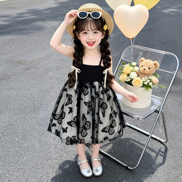 ເດັກຍິງ butterfly ສີດໍາ suspender Princess ວັນເດືອນປີເກີດ dress