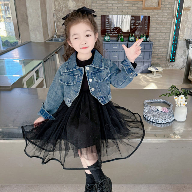 Girls denim gauze skirt suit spring and autumn 2024 new children's clothing fashionable baby dress princess spring clothing