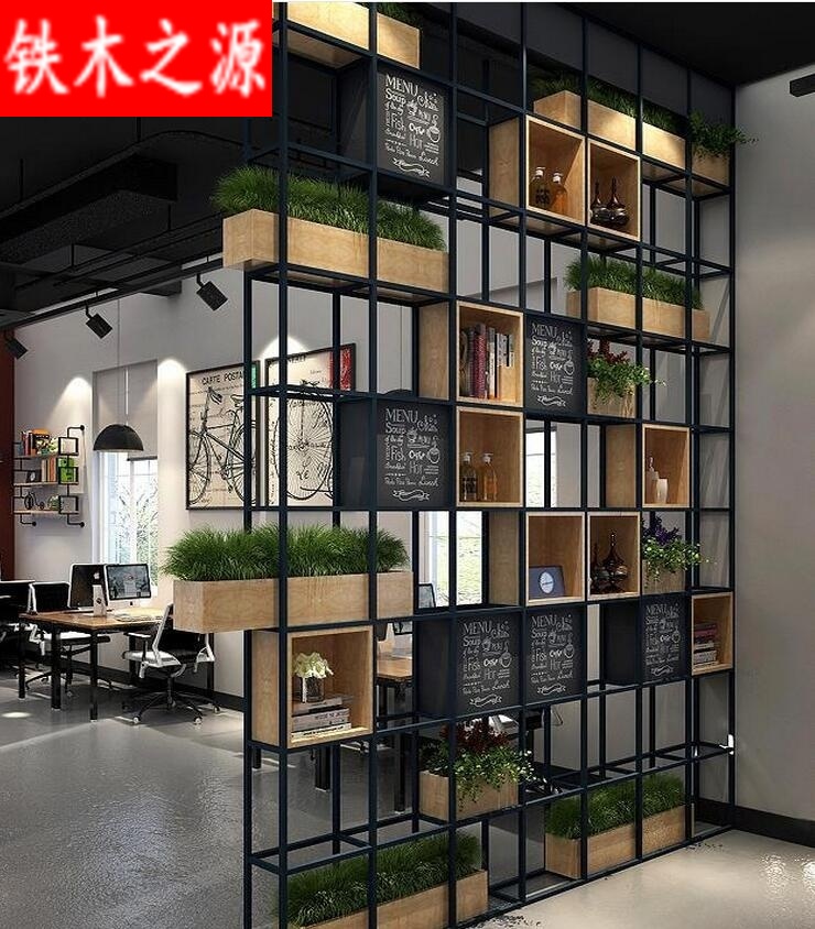 American industrial wind restaurant floor partition frame loft office screen bookshelf iron art shelf flower frame creative