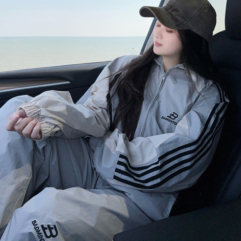 Dyxy2026 New Retro Patchwork Jacket Set Sports Windbreaker Coat and Pants Two-Piece Set Niche Loose Fit