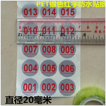  Red 20mm Serial Number 001-100 Digital Silver Waterproof Sticker Water Cup Bottle Separate Identification Sticker