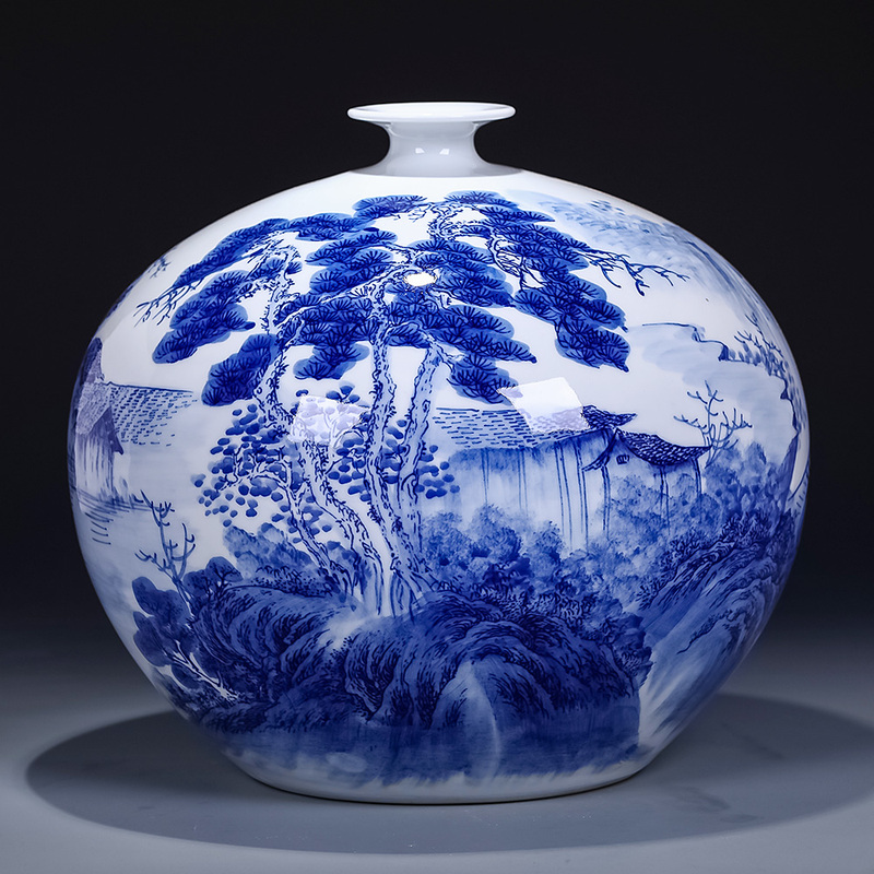Jingdezhen Ceramic Hand-Painted Blue and White Porcelain Vase for Flower Arrangement, Antique-Style Chinese Living Room Corner Table Pomegranate Vase Ornament, Large Size Jingdezhen Ceramic Hand-Painted Blue and White Porcelain Vase for Flower Arrangement, Antique-Style Chinese Living Room Corner Table Pomegranate Vase Ornament, Large Size