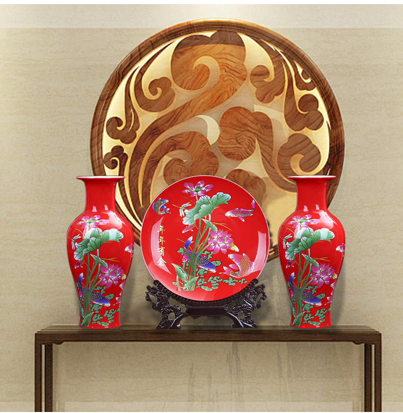 Jingdezhen ceramics China red every year for wining a three - piece vases, hang dish sitting room home furnishing articles