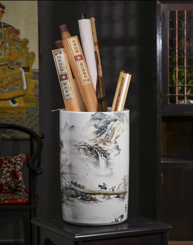 Jingdezhen ceramic painting and calligraphy cylinder Chinese calligraphy and painting scroll cylinder cylinder study to receive a large sitting room ground adornment furnishing articles