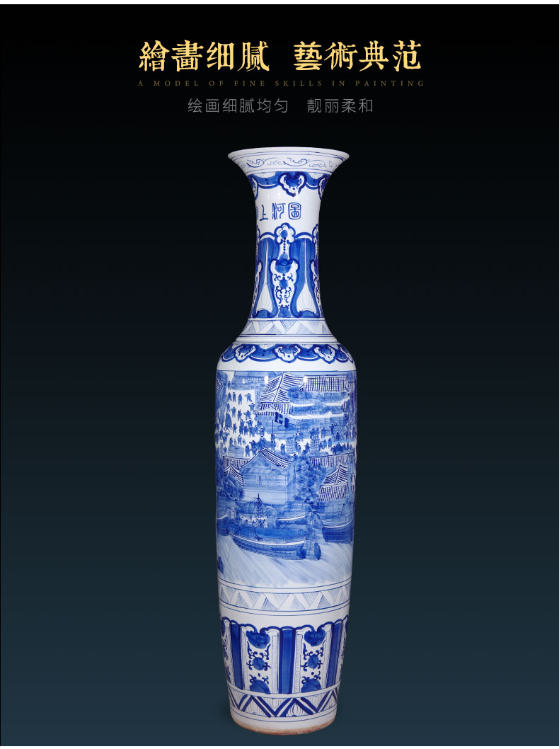 Jingdezhen ceramic hand - made large blue and white porcelain vase qingming scroll of Chinese style living room the opened a housewarming gift