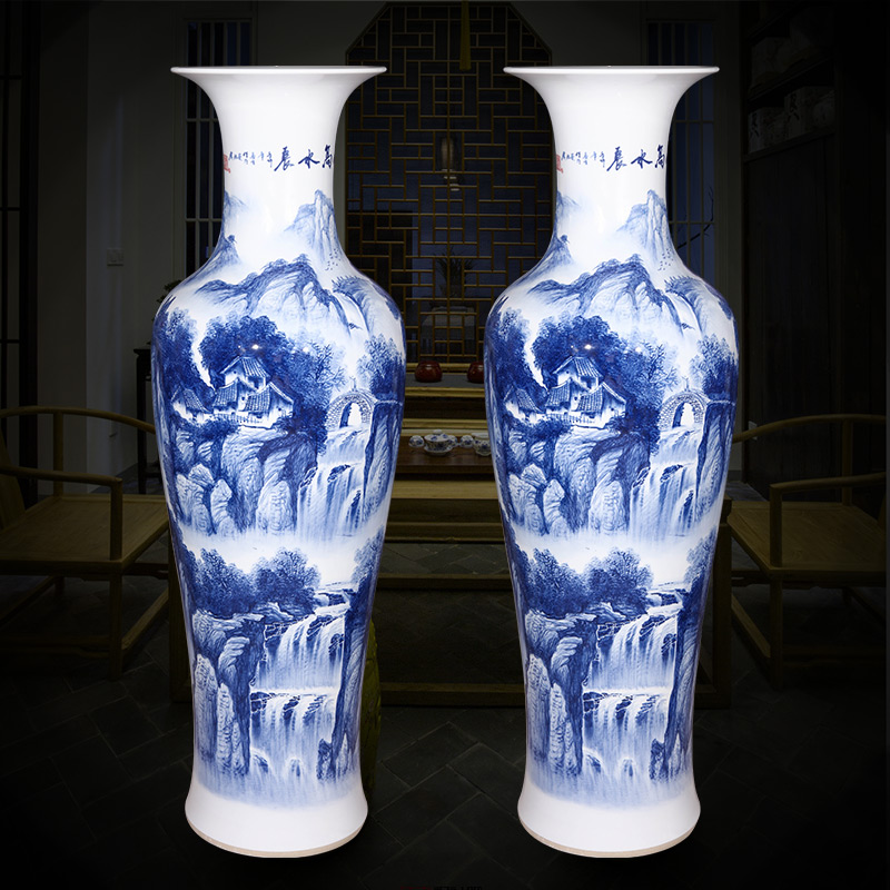 Jingdezhen ceramics hand - made landscape painting of large blue and white porcelain vase Chinese style living room TV cabinet porch place