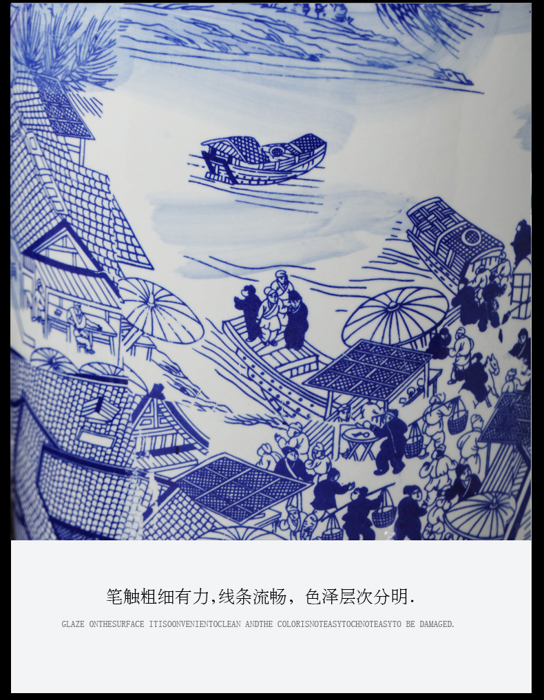 Jingdezhen ceramic hand - made qingming painting of large blue and white porcelain vase to heavy large sitting room adornment is placed