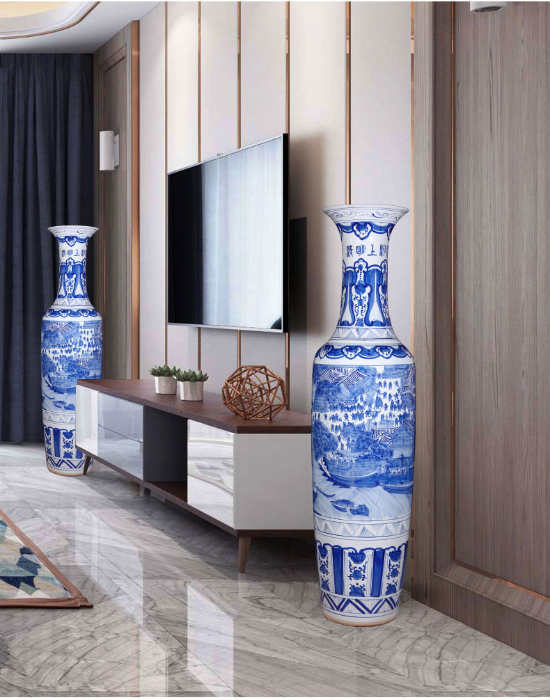 Jingdezhen ceramic hand - made large blue and white porcelain vase qingming scroll of Chinese style living room the opened a housewarming gift