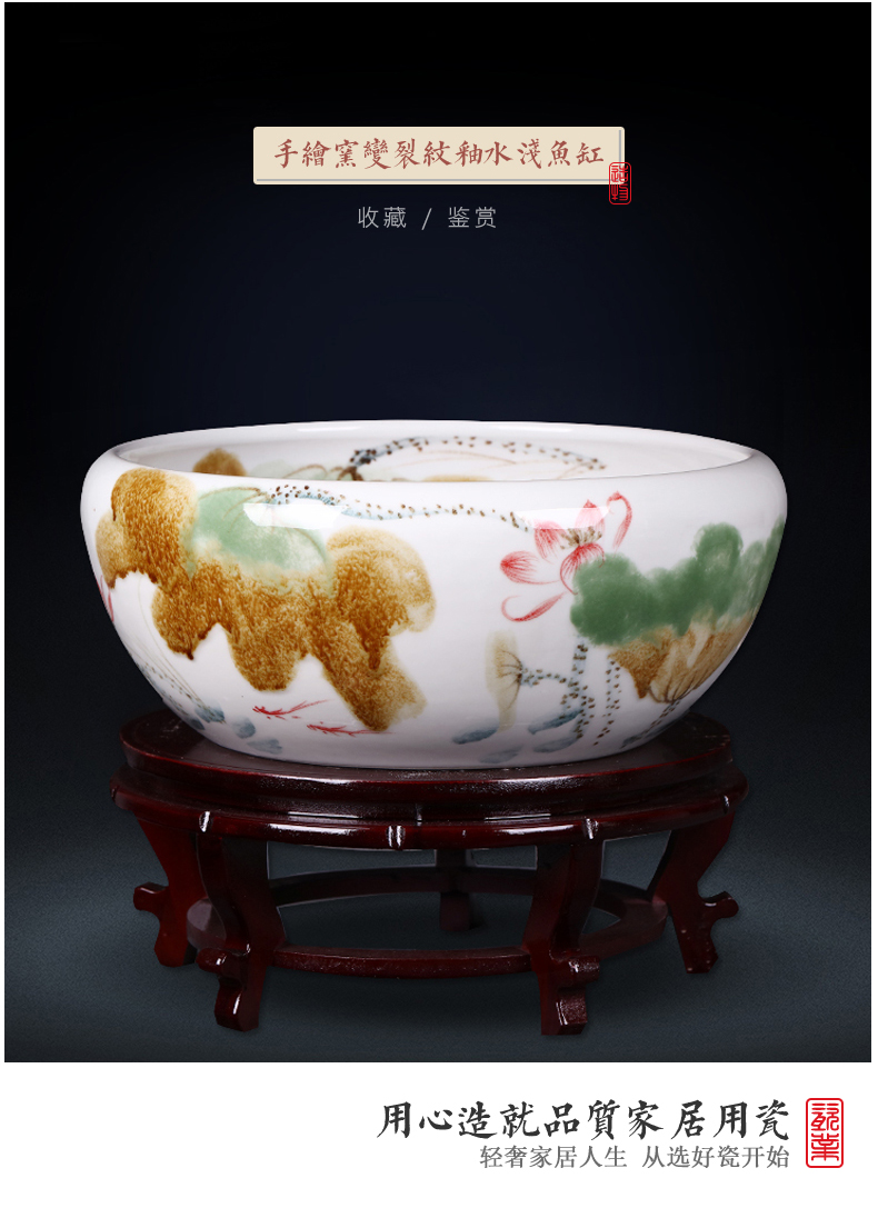 Jingdezhen chinaware lotus goldfish GangPen tortoise cylinder water lily lotus shallow bowl writing brush washer from large - sized refers to flower pot