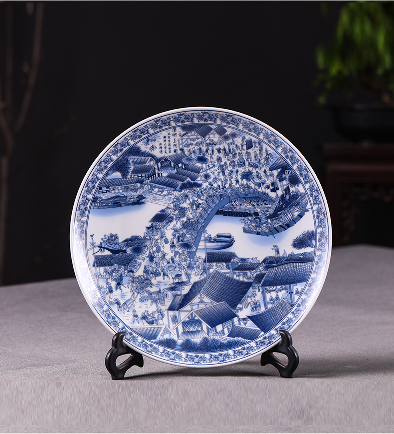 Qingming scroll hang dish of blue and white porcelain of jingdezhen ceramics decoration sat dish of modern Chinese style living room home furnishing articles