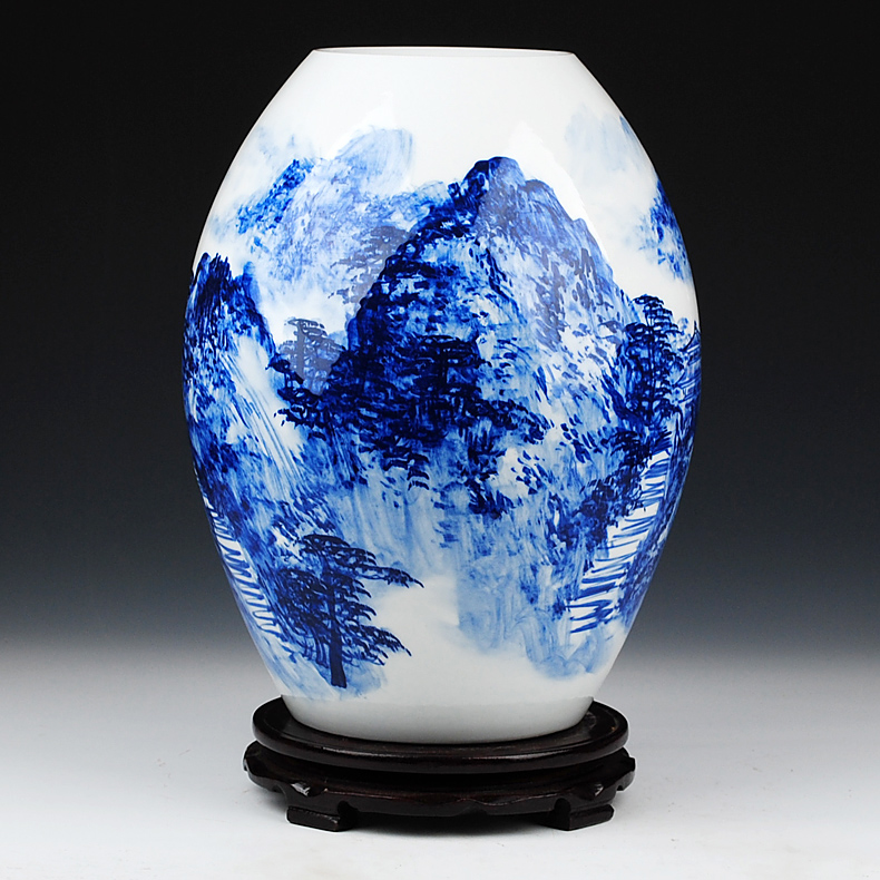 Jingdezhen blue and white landscape painting big celebrity virtuosi Wu Wenhan hand - made ceramics vase penjing collection certificate