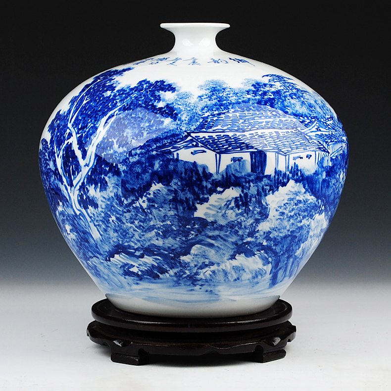 Jingdezhen blue and white landscape painting big celebrity virtuosi Wu Wenhan hand - made ceramics vase penjing collection certificate