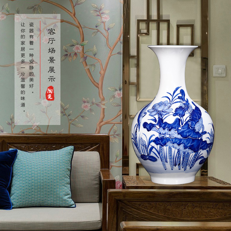 Jingdezhen ceramics hand - made embossed lotus flower vase of blue and white porcelain home decoration handicraft furnishing articles sitting room
